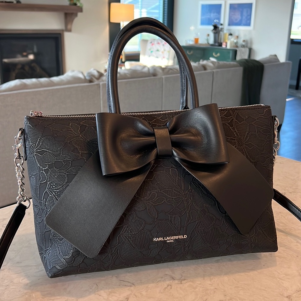 Karl Lagerfeld Paris Kris Satchel - Iconic Big Bow and Floral Charm - Chic Black - Picture 1 of 8